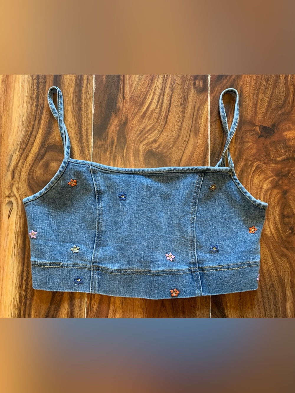 Denim Bralette Crop Top with Embroidered Flowers Juniors Large. 3472